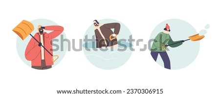 Isolated Round Icons or Avatars of Characters Shoveling Snow. Bundled Up In Winter Gear, They Work To Clear A Path