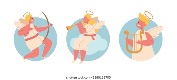 Isolated Round Icons or Avatars with Cherubic Angels with Harp, Bow and Trumpet. Innocent Heavenly Cupids