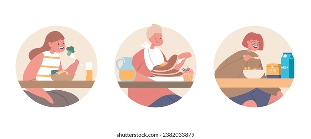 Isolated Round icons or Avatars of Children Characters Eating Healthy And Unhealthy Meals, Vector Illustration