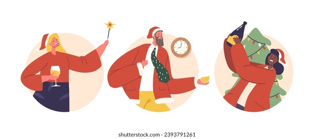 Isolated Round Icons or Avatars of Colleagues Celebrate Corporate Christmas Party. People Gathered, Having Fun