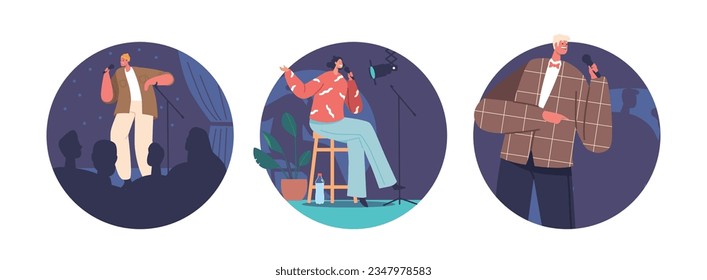 Isolated Round Icons Or Avatars Of Comedian Characters Perform Stand-up Comedy By Delivering Humorous Anecdotes