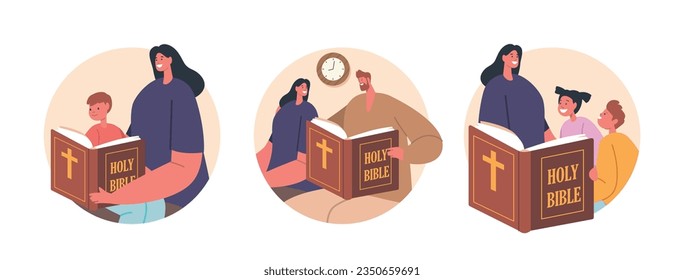 Isolated Round Icons or Avatars with Devoted Christian Family Gathered, Reading Bible With Reverence Vector Illustration