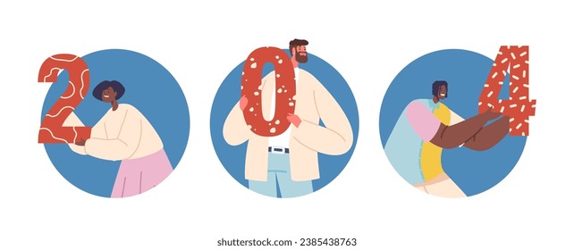 Isolated Round Icons or Avatars of Diverse Joyful Characters Holding Colorful Numbers 2024, Their Faces Filled With Hope
