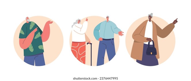 Isolated Round Icons or Avatars Elderly People Demonstrating Wisdom And Experience, Guide With Assured Pointing Gestures