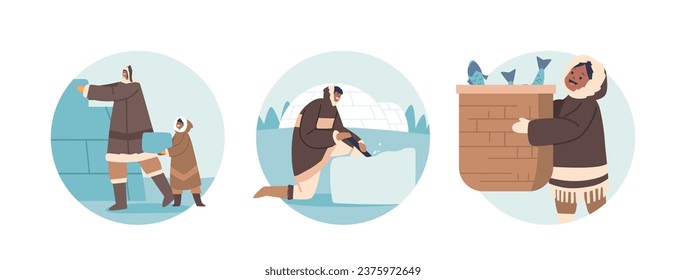 Isolated Round Icons Or Avatars Of Eskimo Characters Construct Igloos, Using Snow Blocks, To Create Shelter And Fishing