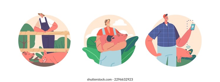 Isolated Round Icons Or Avatars Of Farmer Characters Tending To Pigs On A Farm, Working In Pens, Stalls, And Fields