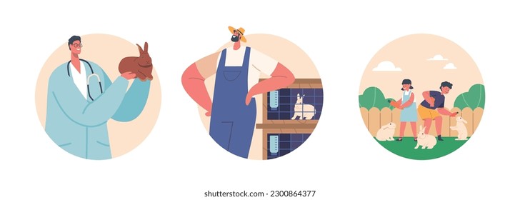 Isolated Round Icons Or Avatars With Farmer Raise Rabbits For Livestock, Children Feeding And Playing Animals