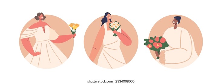 Isolated Round Icons and Avatars of Fashioned Stylish Brides, Female Characters Wear Exquisite Dresses
