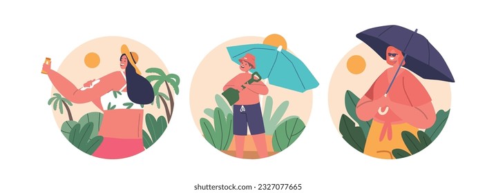 Isolated Round Icons or Avatars of Female Characters and Child Use Sun Protection and Umbrella To Shield Their Skin