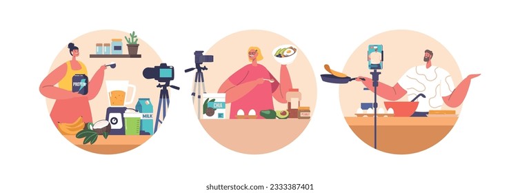 Isolated Round Icons or Avatars with Food Blogger Characters Showcases Sport Nutrition Recipes On Camera