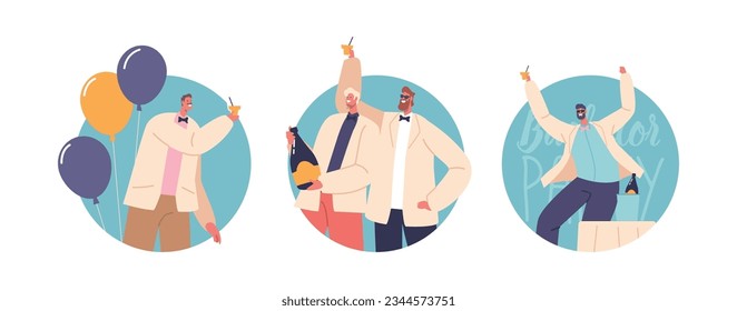 Isolated Round Icons or Avatars of Groom-to-be Man, and his Friends Characters Celebrate Bachelor Party With Fun