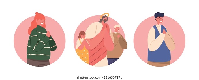 Isolated Round Icons Or Avatars Jesus Christ And Children Characters Praying, Symbolizing Faith, Innocence