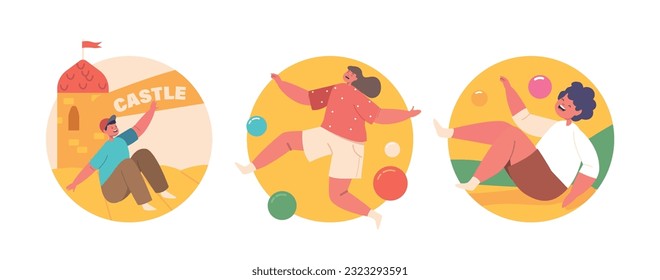 Isolated Round Icons Or Avatars With Joyful Children Playing On A Colorful Inflatable Attraction, Bouncing, Sliding