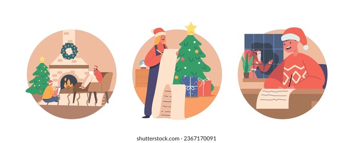 Isolated Round Icons Or Avatars With Kids Pen Their Dreams And Hopes To Santa Claus, Spreading Joy And Holiday Cheer