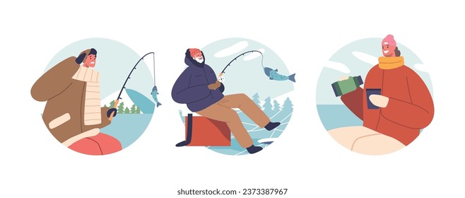 Isolated Round Icons or Avatars with Male Female Characters Fishing Frozen Lake. Men and Women Patiently Await Catch
