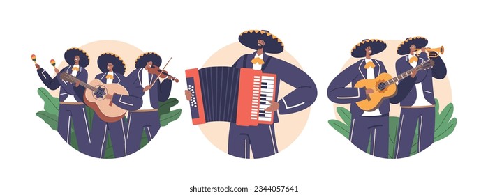 Isolated Round icons or Avatars of Mariachi Musician Band Playing Traditional Mexican Instruments Like Trumpet, Violin