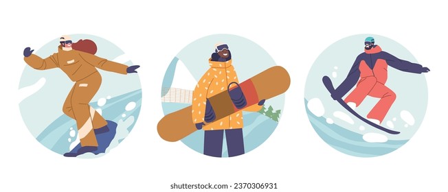 Isolated Round Icons or Avatars of People in Winter Clothes Snowboarding Sparetime. Male Female Snowboard Riders