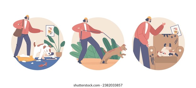 Isolated Round icons or Avatars with Pet Owner Face Common Dog Behavior Problems, Barking, Chewing, Aggression