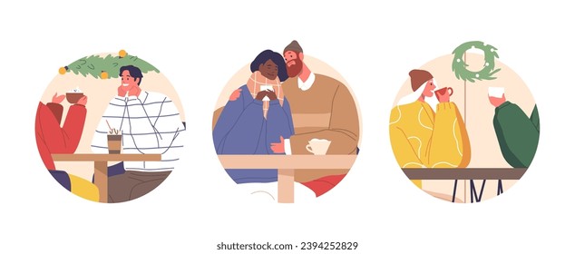 Isolated Round Icons or Avatars of Romantic Couple Characters In A Cozy Christmas Cafe, Share Warm Moments