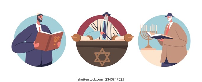 Isolated Round Icons or Avatars. Sacred Worship In A Synagogue Where Prayer Characters Recite Torah, Community Gathers