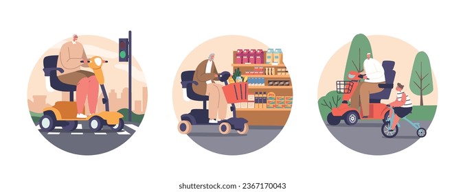 Isolated Round Icons or Avatars with Senior Male and Female Characters Driving Wheelchair Scooters, Travel