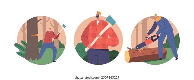 Alleinstehende runde Symbole oder Avatare von befähigten Lumberjack-Zeichen, Baum-, Bedienungs-Chainsaw- oder Ax-Zeichen