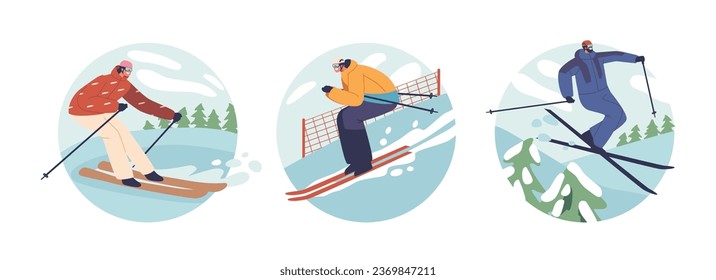 Isolated Round Icons or Avatars of Slalom Sportsmen Characters Skillfully Navigate Twisting Course, Making Tricks