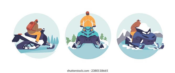 Isolated Round Icons Or Avatars Snowmobile Driver Characters, Clad In Insulated Gear, Speeds Through Snowy Landscapes