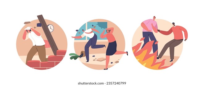 Isolated Round Icons Or Avatars With Terrified People Flee As Earthquake And Fire Wreak Havoc, Vector Illustration