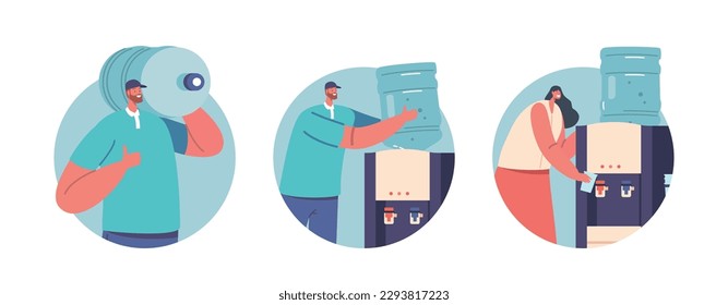 Isolated Round Icons Or Avatars With Water Delivery Company Workers Male Characters Wearing Uniform Deliver Bottles