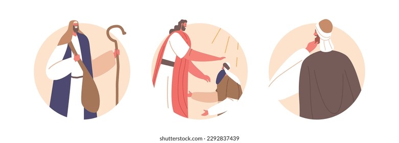 Isolated Round Icons with Biblical Scene of Jesus Heals Sick Characters With Various Afflictions, Vector Illustration