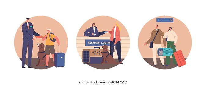 Iconos Redondos Aislados De Caracteres Que Cruzan La Frontera Con Mascotas, Garantizan Un Viaje Tranquilo Y Seguro Tanto Para Mascotas Como Para Propietarios