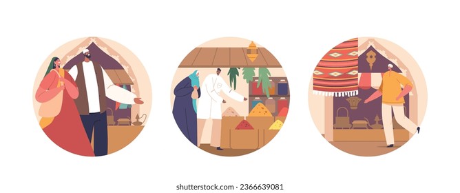 Isolated Round Icons With Characters Visiting Arabic Bazaar With Colorful Stalls, Aromatic Spices, And Textiles