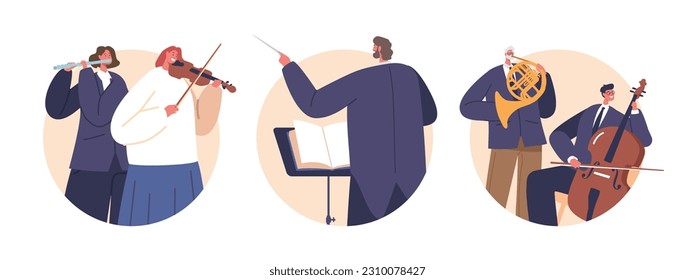 Isolated Round Icons with Classical Musicians Male and Female Characters Playing Flute, Violin, Cello and French Horn