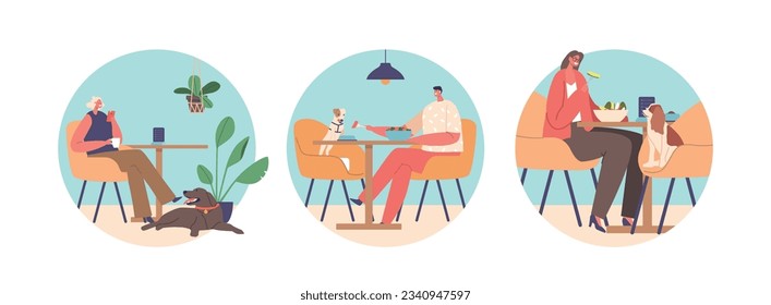 Isolated Round Icons Of Client Characters Enjoy Visiting Cafes With Their Pets, Creating A Cozy Atmosphere, Vector