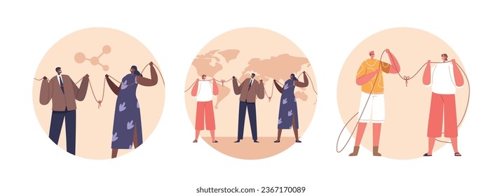 Isolated Round Icons With Diverse Characters Connected With Thread On A Global Tapestry, People Vector Illustration