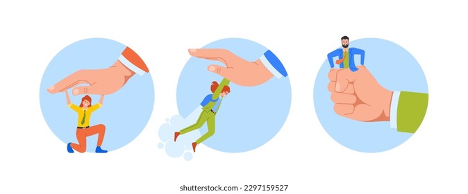 Isolated Round Icons With Employees Fight And Resist Huge Boss Hand, Partaking In Confrontation, Cartoon Illustration