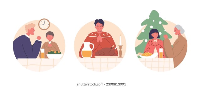 Isolated Round Icons of Family Characters Gathered Around Festive Table In Christmas Prayer Vector Illustration