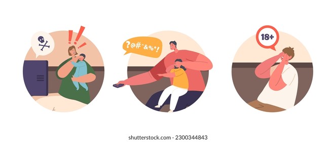 Isolated Round Icons Features Mother And Father Family Characters Sitting On Sofa Shielding Children From Tv