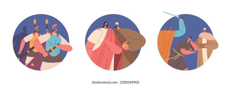 Isolated Round Icons Of Jesus Betrayal Scene. Judas Iscariot Identifies Jesus To The Roman Soldiers With A Kiss