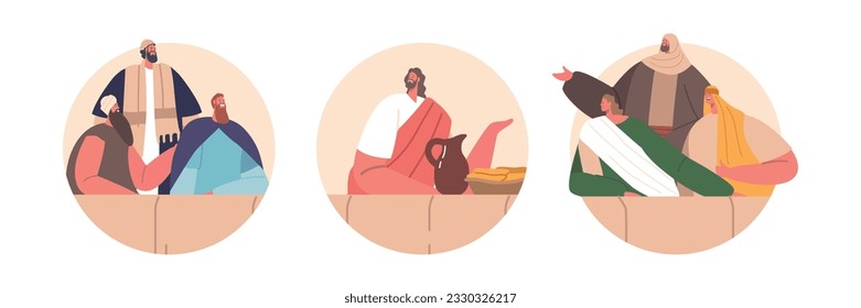 Iconos Redondos Aislados Con Jesús Y Sus Discípulos Reunidos Alrededor De Una Mesa, Comparten Pan Y Vino, Simbolizando Al Mesías