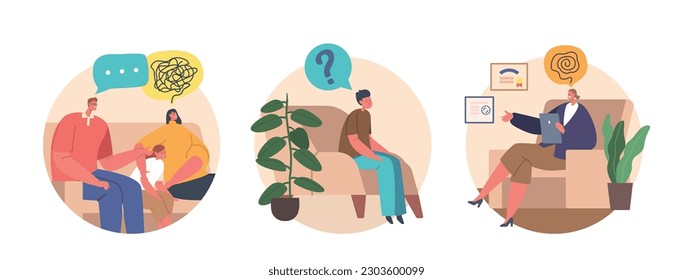 Isolated Round Icons Parents And Child Characters In Psychologist's Office. They Sit And Talk With Professional