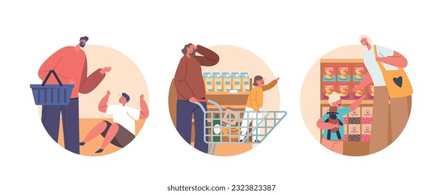 Isolated Round Icons With Parents And Children Characters Screaming, Crying And Throwing Tantrums In A Chaotic Scene