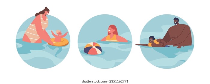 Isolated Round Icons Perform Kid Swimming Lessons with Parents or Instructors Teach Little Children Water Safety