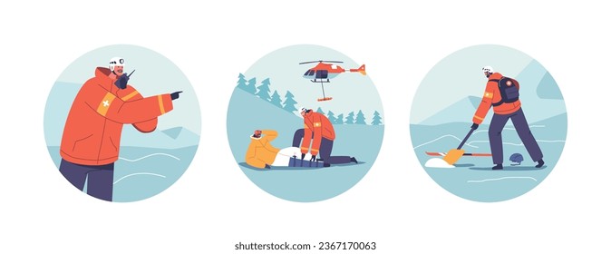 Isolated Round Icons With Scenes Of Dangers In Mountains. Rescuers Save Lives, Help To Injured Skier, Evacuate Victims