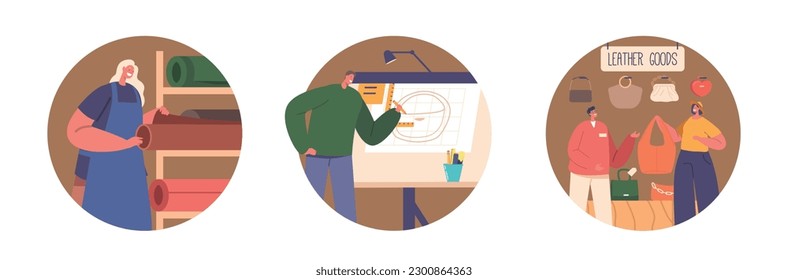 Isolated Round Icons, Tailor or Designer Characters Produce and Retail Bags. People Create, Sewing and then Sell Bags