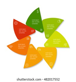 Isolated round infographic layout with 7 options. Star-shaped number banner template for diagram, presentation or chart. EPS10 circular sequence infographic element.