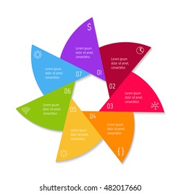 Isolated round infographic layout with 7 options. Star-shaped number banner template for diagram, presentation or chart. EPS10 circular sequence infographic element.