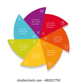 Isolated round infographic layout with 7 options. Star-shaped number banner template for diagram, presentation or chart. EPS10 circular sequence infographic element.