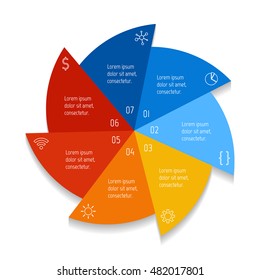 Isolated round infographic layout with 7 options. Star-shaped number banner template for diagram, presentation or chart. EPS10 circular sequence infographic element.